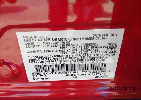 2014 Mitsubishi Outlander Sport Se from USA, damaged, VIN 4A4AR4AU6EE024454